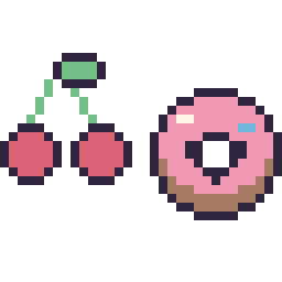 Pixel art Cerise simple 16 × 16 et Donut kawaii 16 × 16, grille 32 × 32