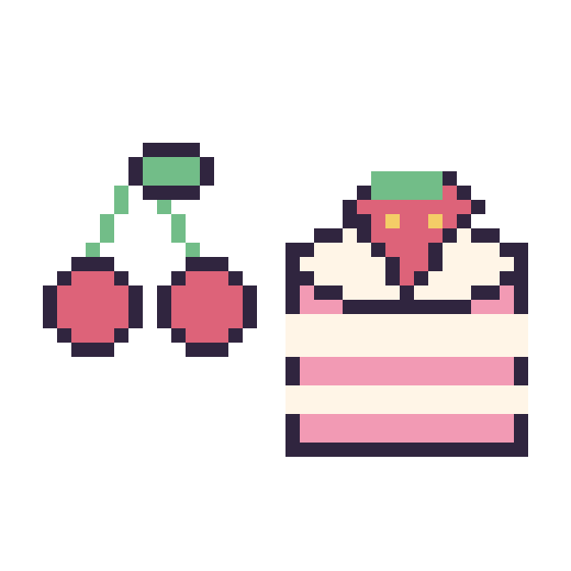 Modèle de pixel art Cerise simple 16 × 16 et Gâteau avec une fraise sur une grille de 40 par 40 cases