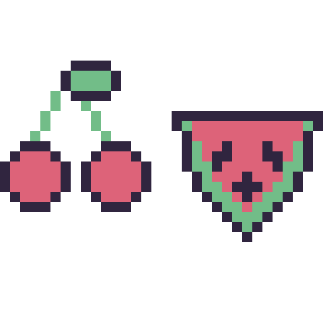 Modèle de pixel art Cerise simple 16 × 16 et Pastèque kawaii 16 × 16 sur une grille de 32 par 32 cases
