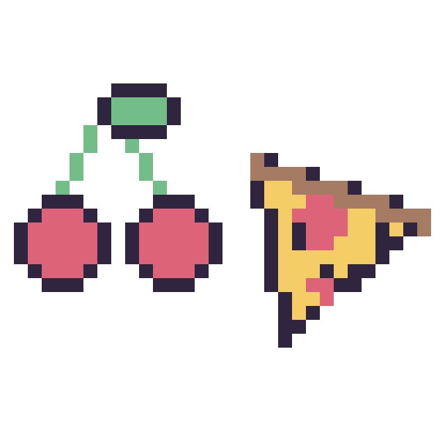 Modèle de pixel art Cerise simple 16 × 16 et Pizza kawaii 16 × 16 sur une grille de 32 par 32 cases