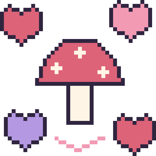 Modèle de pixel art Champignon avec des cœurs sur une grille de 40 par 40 cases