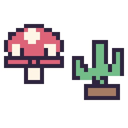 Pixel art Champignon kawaii 16 × 16 et Cactus kawaii 16 × 16, grille 32 × 32