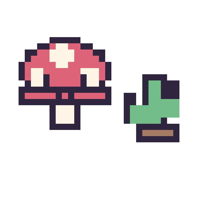 Modèle de pixel art Champignon kawaii 16 × 16 et Cactus simple 12 × 12 sur une grille de 32 par 32 cases
