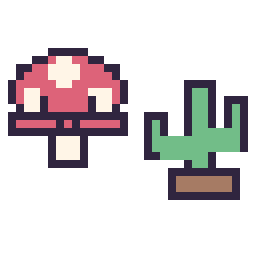 Pixel art Champignon kawaii 16 × 16 et Cactus simple 16 × 16, grille 32 × 32