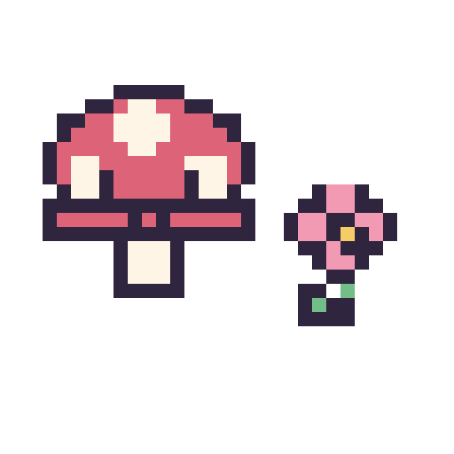Modèle de pixel art Champignon kawaii 16 × 16 et Fleur simple 10 × 10 sur une grille de 32 par 32 cases