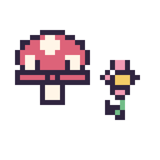 Modèle de pixel art Champignon kawaii 16 × 16 et Fleur simple 12 × 12 sur une grille de 32 par 32 cases