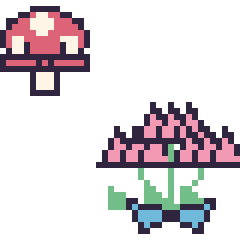 Pixel art Champignon kawaii 16 × 16 et Lotus en bouquet, grille 40 × 40
