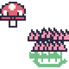 Pixel art Champignon kawaii 16 × 16 et Lotus en couronne, grille 40 × 40