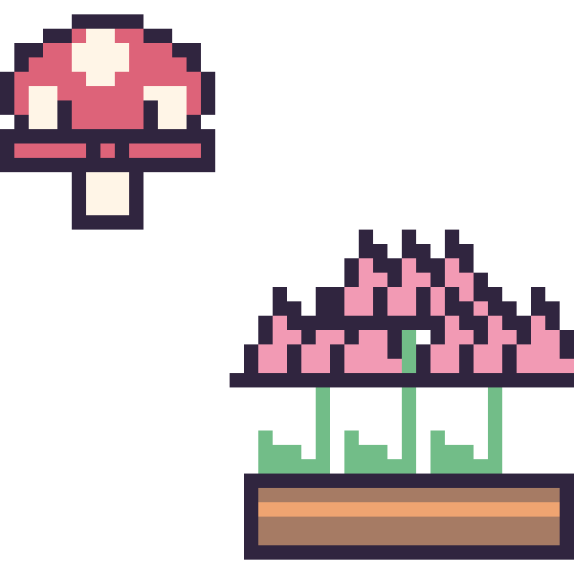 Modèle de pixel art Champignon kawaii 16 × 16 et Lotus en jardinière sur une grille de 40 par 40 cases