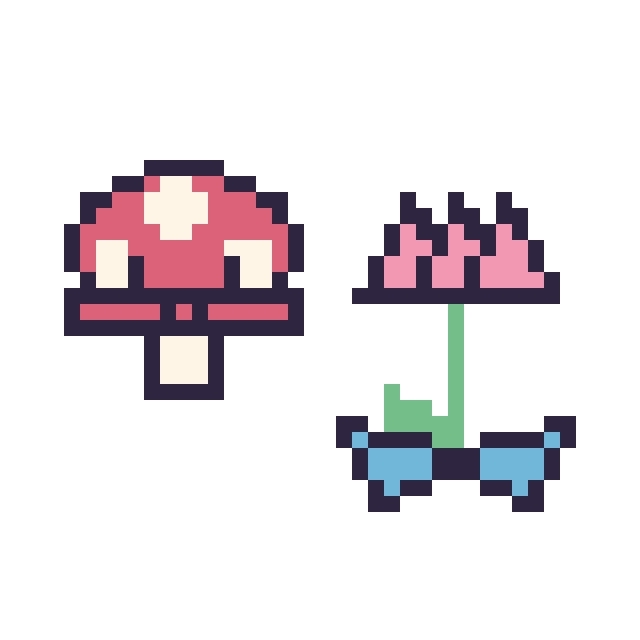 Modèle de pixel art Champignon kawaii 16 × 16 et Lotus avec un nœud sur une grille de 40 par 40 cases