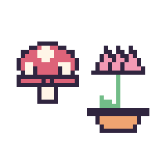 Pixel art Champignon kawaii 16 × 16 et Lotus en pot, grille 40 × 40