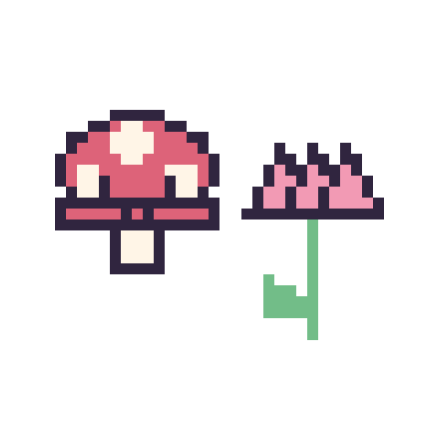 Modèle de pixel art Champignon kawaii 16 × 16 et Lotus tige fleurie sur une grille de 40 par 40 cases