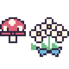 Pixel art Champignon kawaii 16 × 16 et Marguerite en bouquet, grille 40 × 40