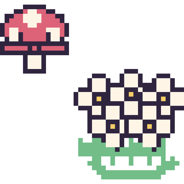 Modèle de pixel art Champignon kawaii 16 × 16 et Marguerite en couronne sur une grille de 40 par 40 cases