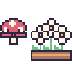 Pixel art Champignon kawaii 16 × 16 et Marguerite en jardinière, grille 40 × 40