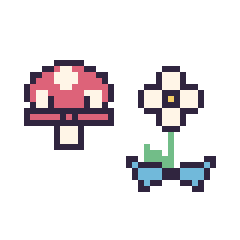 Pixel art Champignon kawaii 16 × 16 et Marguerite avec un nœud, grille 40 × 40