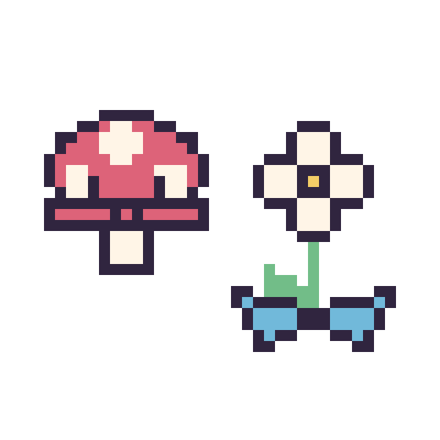Modèle de pixel art Champignon kawaii 16 × 16 et Marguerite avec un nœud sur une grille de 40 par 40 cases