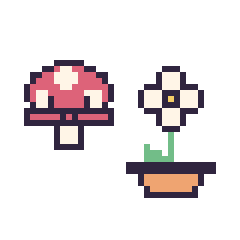 Pixel art Champignon kawaii 16 × 16 et Marguerite en pot, grille 40 × 40