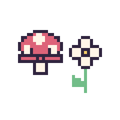 Pixel art Champignon kawaii 16 × 16 et Marguerite tige fleurie, grille 40 × 40