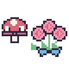 Pixel art Champignon kawaii 16 × 16 et Rose en bouquet, grille 40 × 40