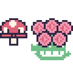 Pixel art Champignon kawaii 16 × 16 et Rose en couronne, grille 40 × 40
