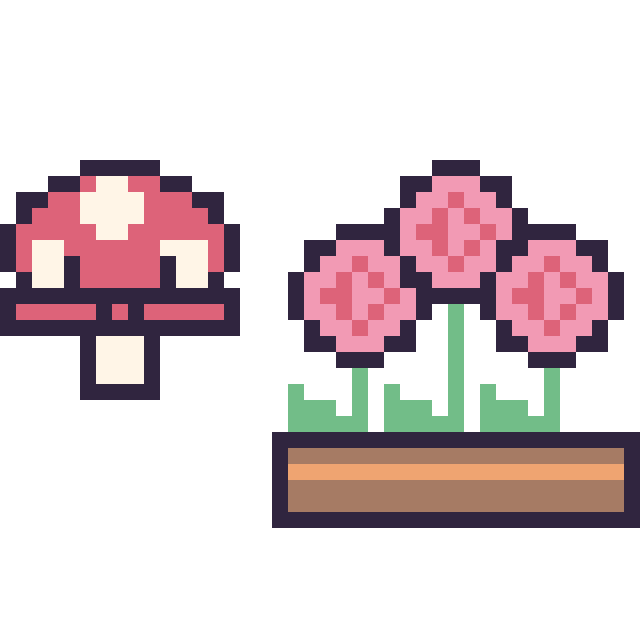 Modèle de pixel art Champignon kawaii 16 × 16 et Rose en jardinière sur une grille de 40 par 40 cases