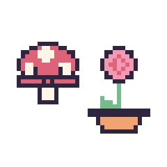 Pixel art Champignon kawaii 16 × 16 et Rose en pot, grille 40 × 40