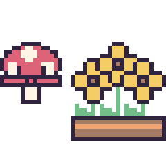Pixel art Champignon kawaii 16 × 16 et Tournesol en jardinière, grille 40 × 40