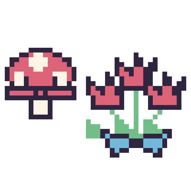 Modèle de pixel art Champignon kawaii 16 × 16 et Tulipe en bouquet sur une grille de 40 par 40 cases