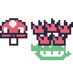 Pixel art Champignon kawaii 16 × 16 et Tulipe en couronne, grille 40 × 40