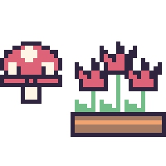 Pixel art Champignon kawaii 16 × 16 et Tulipe en jardinière, grille 40 × 40