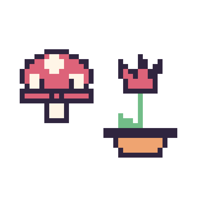Modèle de pixel art Champignon kawaii 16 × 16 et Tulipe en pot sur une grille de 40 par 40 cases