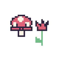 Pixel art Champignon kawaii 16 × 16 et Tulipe tige fleurie, grille 40 × 40