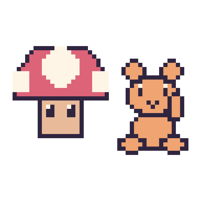 Modèle de pixel art Champignon Mario et Écureuil assis sur une grille de 48 par 48 cases