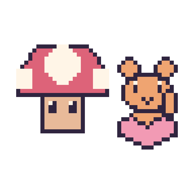 Modèle de pixel art Champignon Mario et Écureuil avec un cœur sur une grille de 48 par 48 cases
