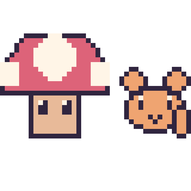Modèle de pixel art Champignon Mario et Écureuil en portrait sur une grille de 40 par 40 cases