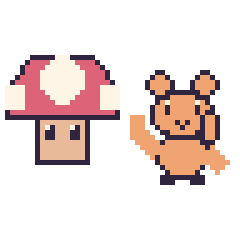 Pixel art Champignon Mario et Écureuil qui fait coucou, grille 48 × 48