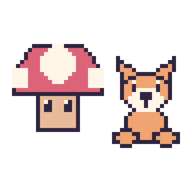 Modèle de pixel art Champignon Mario et Renard assis sur une grille de 48 par 48 cases