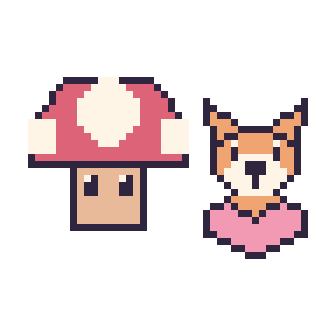 Modèle de pixel art Champignon Mario et Renard avec un cœur sur une grille de 48 par 48 cases