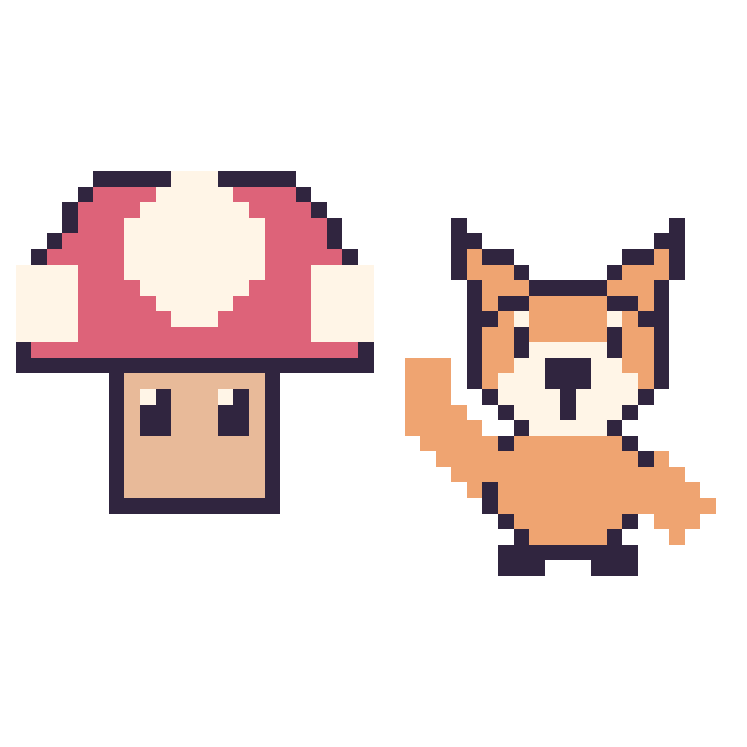 Modèle de pixel art Champignon Mario et Renard qui fait coucou sur une grille de 48 par 48 cases