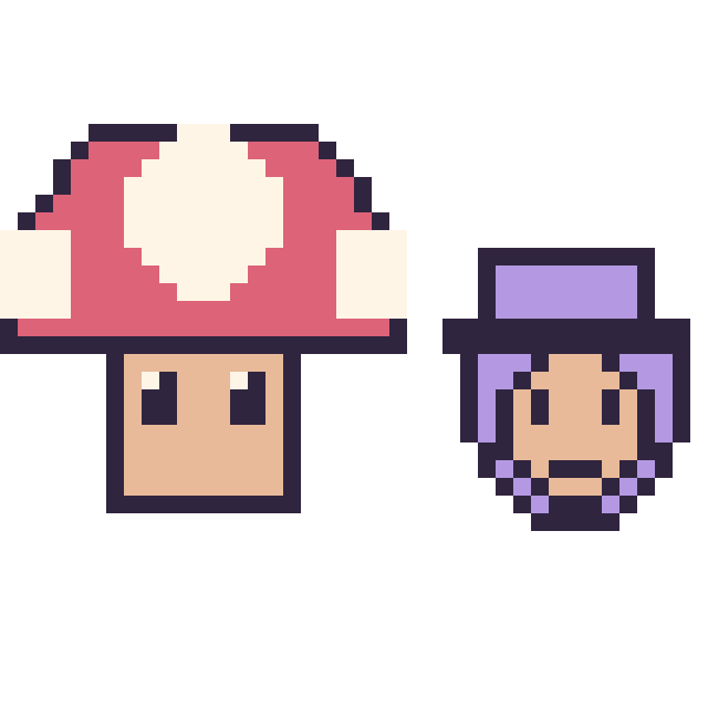 Modèle de pixel art Champignon Mario et Waluigi mini sur une grille de 40 par 40 cases