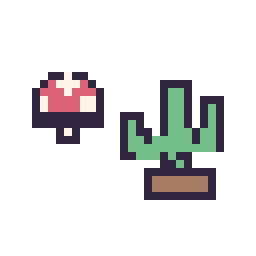 Pixel art Champignon simple 10 × 10 et Cactus kawaii 16 × 16, grille 32 × 32