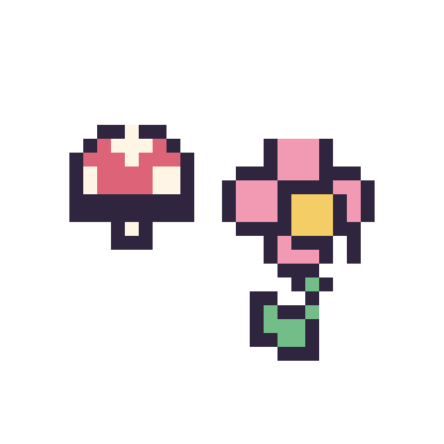 Modèle de pixel art Champignon simple 10 × 10 et Fleur kawaii 16 × 16 sur une grille de 32 par 32 cases