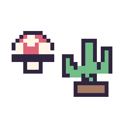 Pixel art Champignon simple 12 × 12 et Cactus kawaii 16 × 16, grille 32 × 32