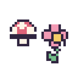 Pixel art Champignon simple 12 × 12 et Fleur kawaii 16 × 16, grille 32 × 32