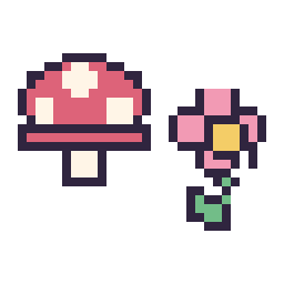 Pixel art Champignon simple 16 × 16 et Fleur kawaii 16 × 16, grille 32 × 32