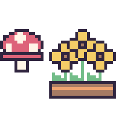 Pixel art Champignon simple 16 × 16 et Tournesol en jardinière, grille 40 × 40