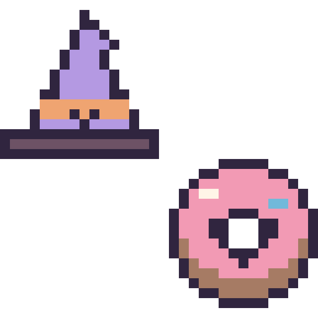 Modèle de pixel art Chapeau de sorcière kawaii 16 × 16 et Donut kawaii 16 × 16 sur une grille de 32 par 32 cases