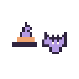 Pixel art Chapeau de sorcière simple 10 × 10 et Chauve-souris simple 10 × 10, grille 32 × 32