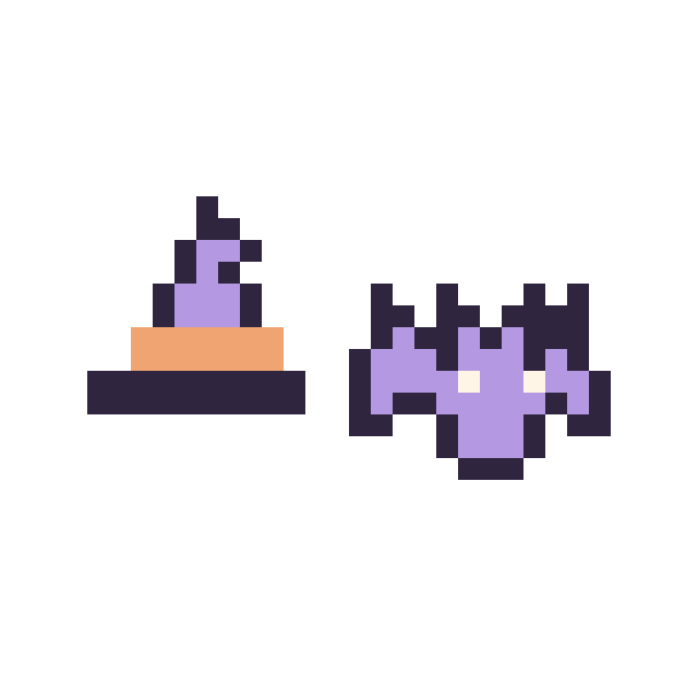 Modèle de pixel art Chapeau de sorcière simple 10 × 10 et Chauve-souris simple 12 × 12 sur une grille de 32 par 32 cases